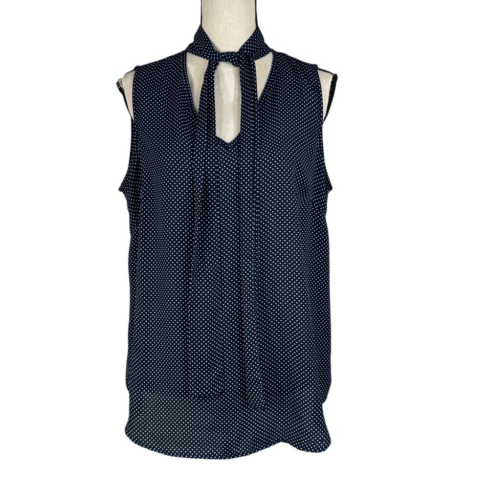 Adrianna Papell Large Top Sleeveless Lightweight Polka Dot Tie Scarf V-Neck Navy
